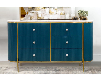 Pasargad - Theodore Green Sideboard, 6 Drawers and Gold Polished Metal Frame