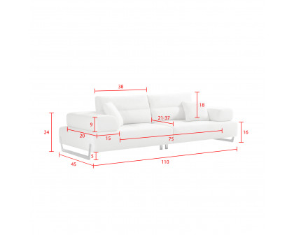 Pasargad - Positano Ravenna Sofa with Sliding Backrest and Armrest in White/Chrome, Faux Suede