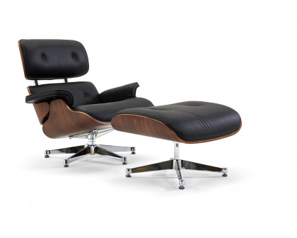 Pasargad™ Portfino Leather Lounge Chair with Ottoman - Black