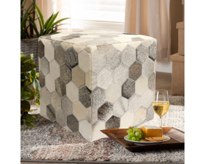 Pasargad Galaxy Square Pouf - Silver/Gray, Cowhide