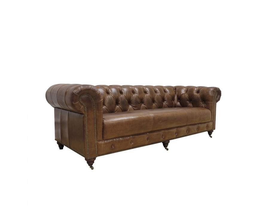 Pasargad - Chester Bay Tufted Chesterfield Sofa in Brown, Genuine Leather