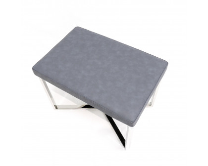 Pasargad - Luxe Upholstered Stool in Gray/Chrome, Faux Leather