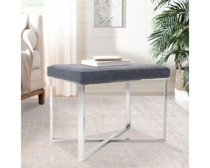 Pasargad - Luxe Upholstered Stool in Gray/Chrome, Faux Leather