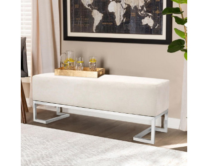 Pasargad Luxe Upholstered Bench - Ivory/Chrome, Polyester