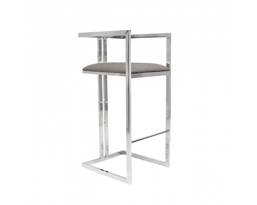 Pasargad - Luxe Upholstered Modern Bar Stool in Gray/Chrome, Faux Leather