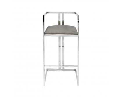 Pasargad - Luxe Upholstered Modern Bar Stool in Gray/Chrome, Faux Leather