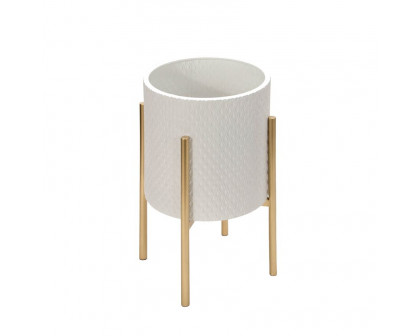 Sagebrook Textured Planters On Metal Stand (Set Of 2) - White/Gold