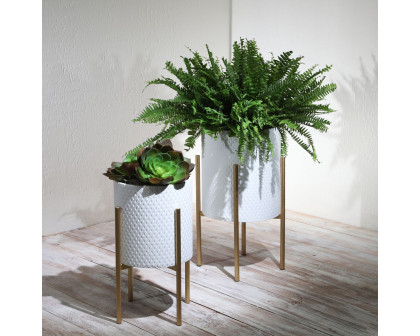 Sagebrook Textured Planters On Metal Stand (Set Of 2) - White/Gold