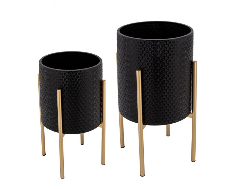 Sagebrook Textured Planters On Metal Stand (Set Of 2) - Black/Gold