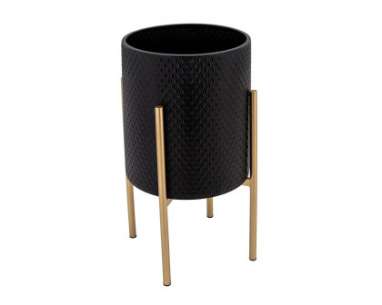 Sagebrook Textured Planters On Metal Stand (Set Of 2) - Black/Gold