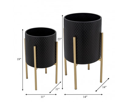 Sagebrook Textured Planters On Metal Stand (Set Of 2) - Black/Gold