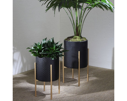 Sagebrook Textured Planters On Metal Stand (Set Of 2) - Black/Gold