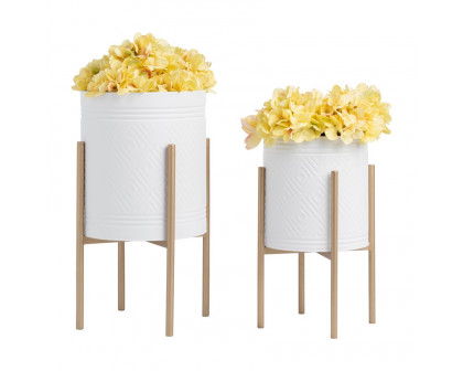 Sagebrook Aztec Planters On Metal Stand (Set Of 2) - White/Gold