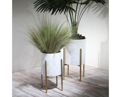 Sagebrook Aztec Planters On Metal Stand (Set Of 2) - White/Gold