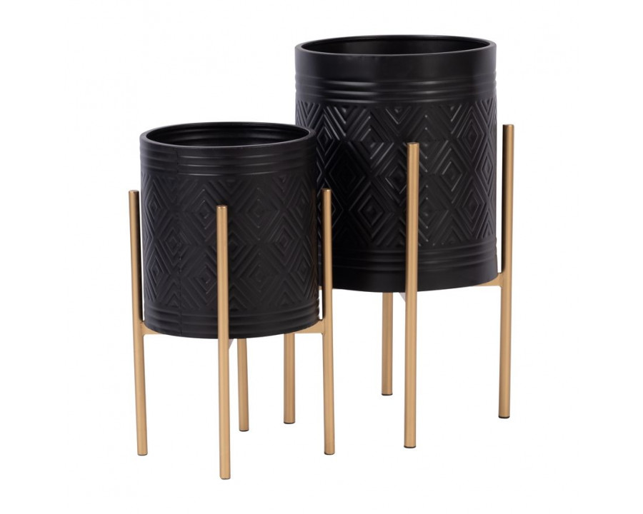 Sagebrook Aztec Planters On Metal Stand (Set Of 2) - Black/Gold