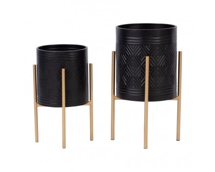 Sagebrook Aztec Planters On Metal Stand (Set Of 2) - Black/Gold