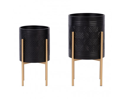 Sagebrook Aztec Planters On Metal Stand (Set Of 2) - Black/Gold