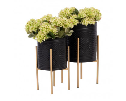 Sagebrook Aztec Planters On Metal Stand (Set Of 2) - Black/Gold