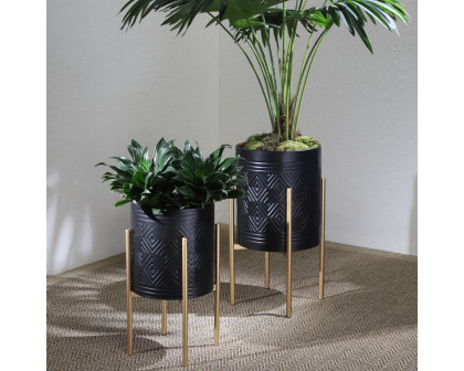 Sagebrook Aztec Planters On Metal Stand (Set Of 2) - Black/Gold