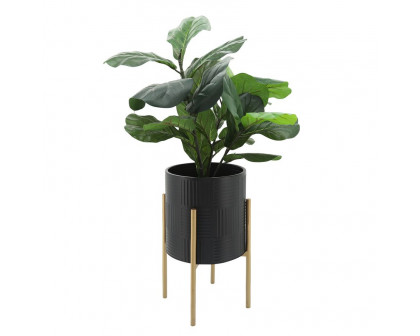 Sagebrook Planters With Lines On Metal Stand (Set Of 2) - Black/Gold