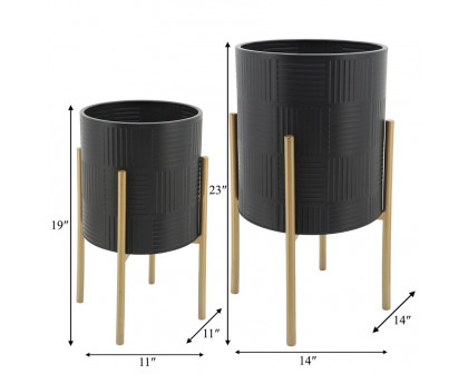 Sagebrook Planters With Lines On Metal Stand (Set Of 2) - Black/Gold