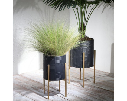 Sagebrook Planters With Lines On Metal Stand (Set Of 2) - Black/Gold