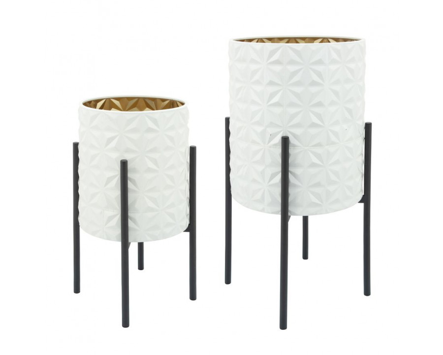 Sagebrook Aztec Planters On Metal Stand (Set Of 2) - White/Gold/Black