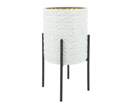 Sagebrook Aztec Planters On Metal Stand (Set Of 2) - White/Gold/Black