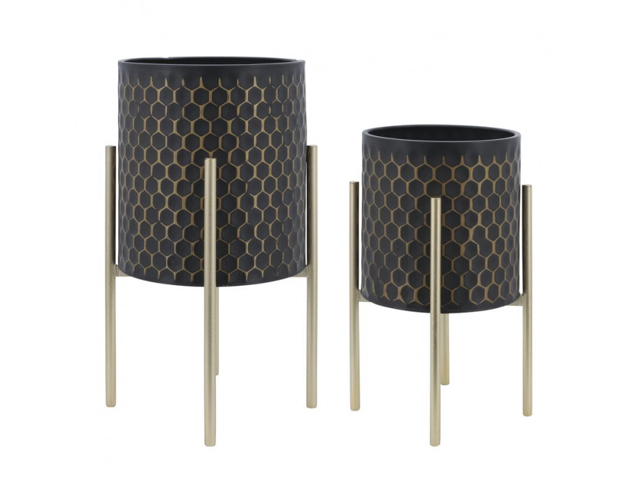 Sagebrook 3D Honeycomb Planters On Metal Stand (Set Of 2) - Black/Gold