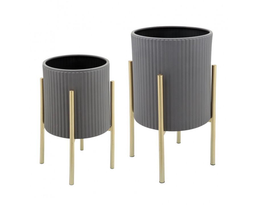 Sagebrook Ridges Planters On Metal Stand (Set Of 2) - Gray/Gold