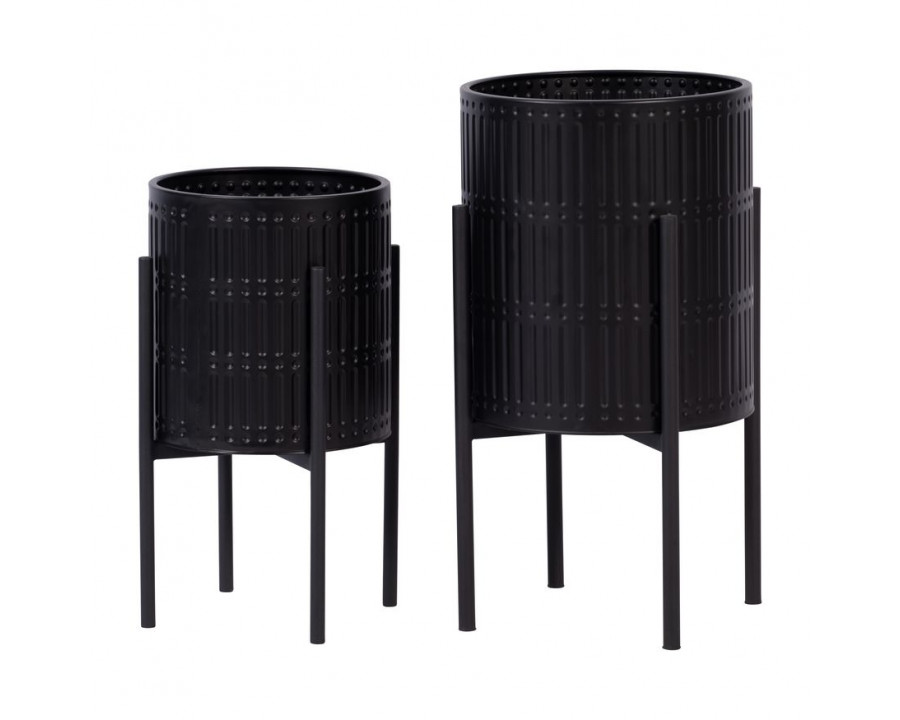 Sagebrook Ridged Planters In Metal Stand (Set Of 2) - Black