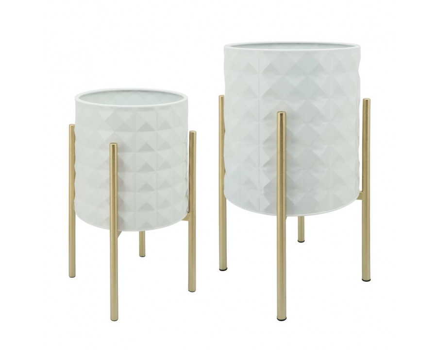 Sagebrook Diamond Planters In Metal Stand (Set Of 2) - White