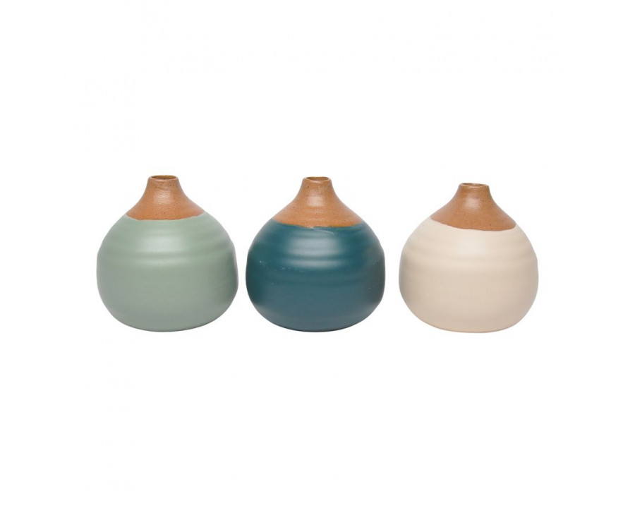 Sagebrook Matte Bud Vases (Set Of 3) - Deep Teal/Dark Sage/Cream