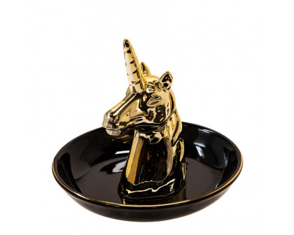 Sagebrook 6" Ceramic Unicorn Trinket Tray - Black/Gold