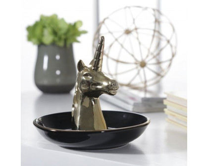 Sagebrook 6" Ceramic Unicorn Trinket Tray - Black/Gold