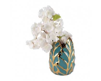 Sagebrook 8" Ceramic Leaf Vase - Turquoise/Gold