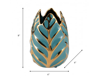 Sagebrook 8" Ceramic Leaf Vase - Turquoise/Gold