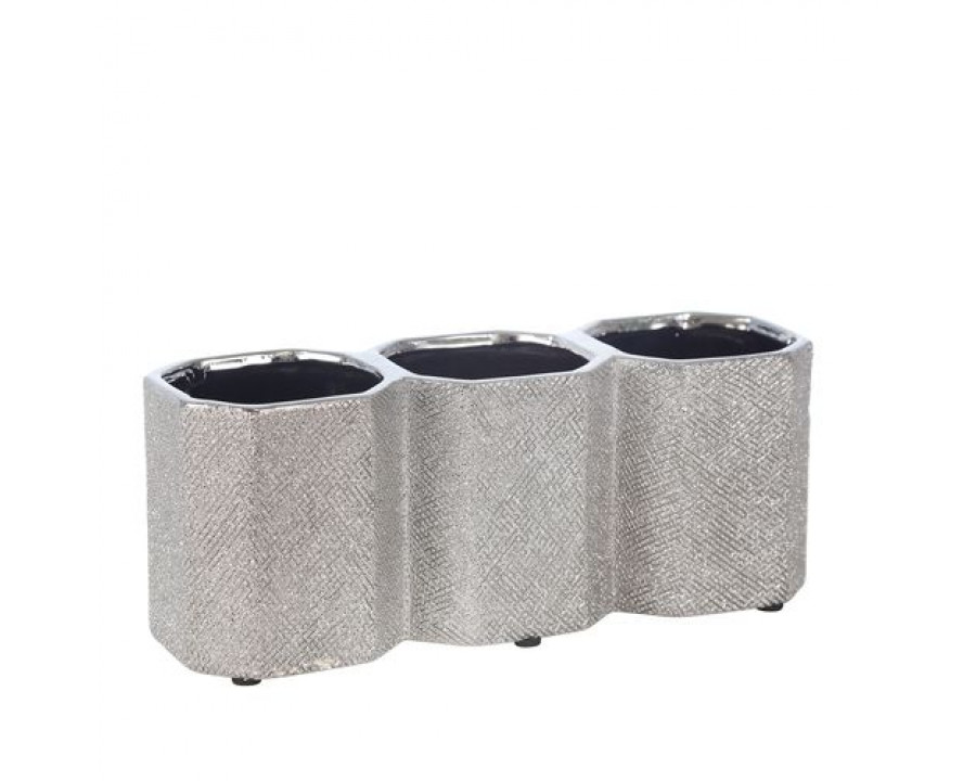 Sagebrook 4" Ceramic 3-cup Pencil Holder - Silver