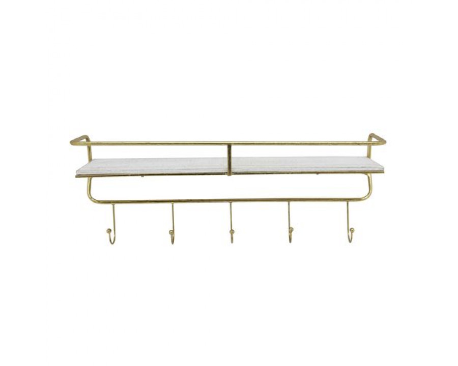 Sagebrook Metal/Wood 5 Hook Large Wall Shelf - White/Gold