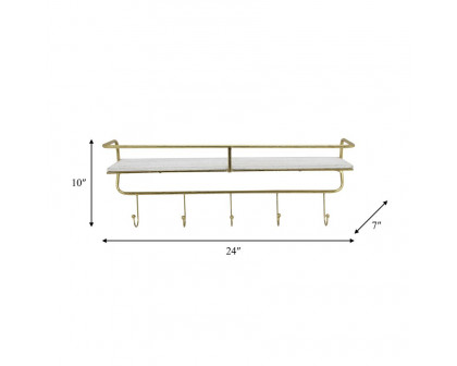 Sagebrook Metal/Wood 5 Hook Large Wall Shelf - White/Gold