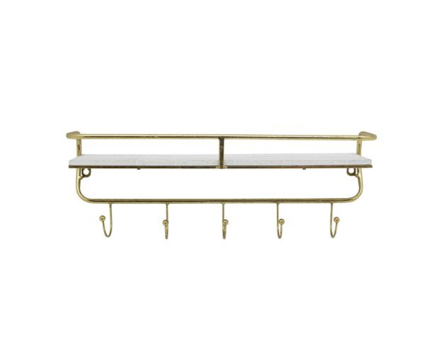 Sagebrook Metal/Wood 5 Hook Wall Shelf - White/Gold