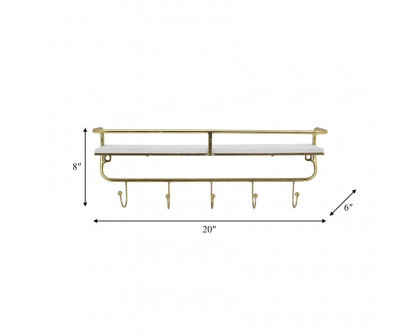 Sagebrook Metal/Wood 5 Hook Wall Shelf - White/Gold