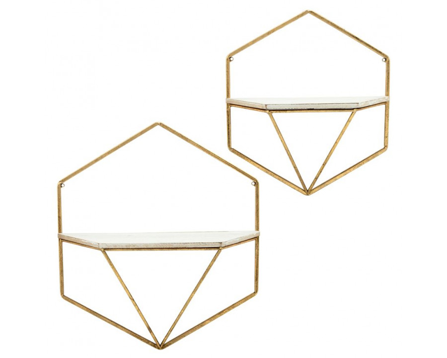 Sagebrook Metal/Wood Hexagon Wall Shelves (Set Of 3) - Gold/White