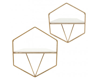 Sagebrook Metal/Wood Hexagon Wall Shelves (Set Of 3) - Gold/White