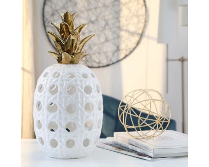 Sagebrook 16" Ceramic Lattice Weave Pineapple - White/Gold