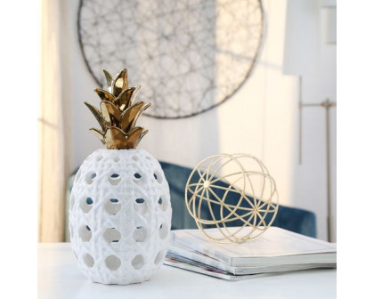 Sagebrook 13" Ceramic Lattice Weave Pineapple - White/Gold