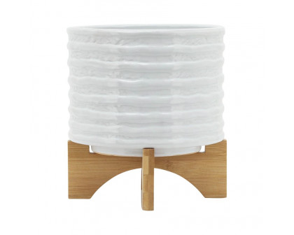 Sagebrook 8" Ceramic Planter On Stand - White Stripe