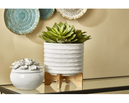 Sagebrook 8" Ceramic Planter On Stand - White Stripe