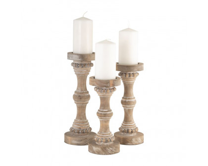 Sagebrook 11" Wood Banded Bead Candle Holder - Antique White