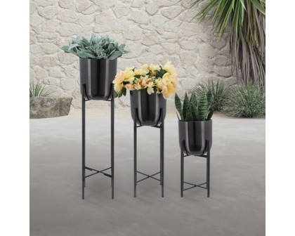 Sagebrook Metal Planters On Stand (Set Of 3) - Gunmetal